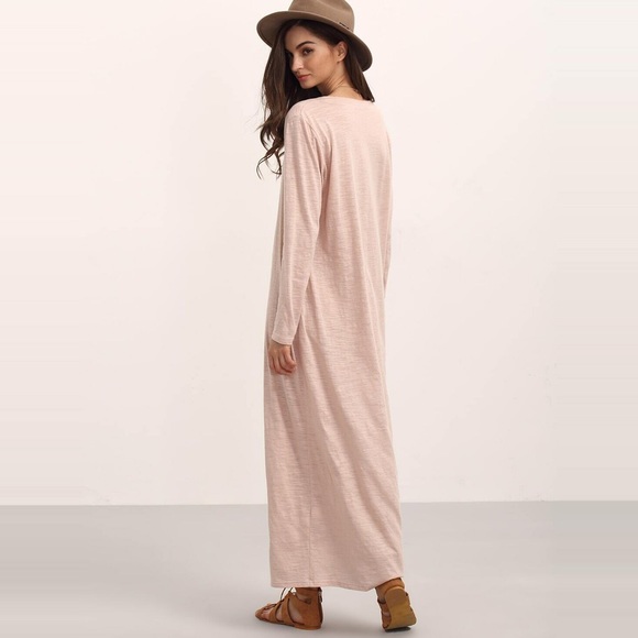Oversized Side Slit Blush Burnout Knit Long Sleeve Maxi Dress - Picture 2 of 6